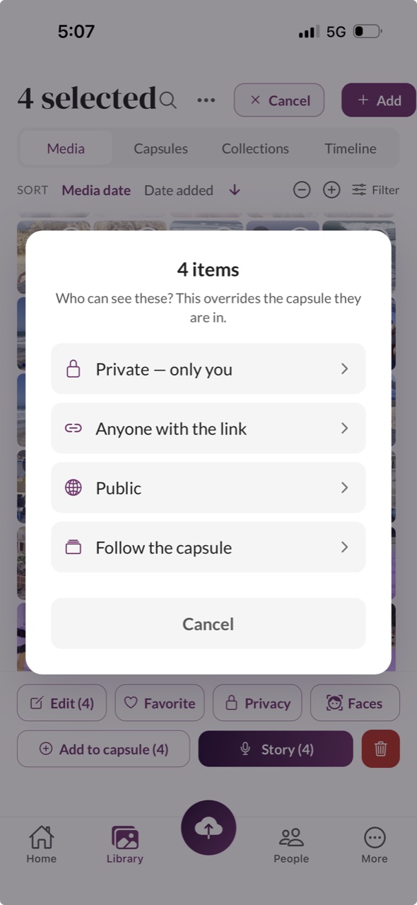 Choosing who can see four selected photos